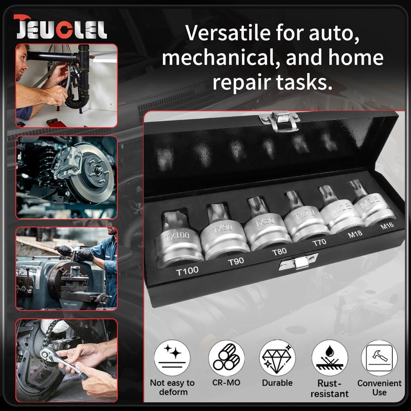 JEUCLEL 6PCS 3/4"Drive Torx Star & Triple Square Impact Socket Set, Cr-MO T100 T90 T80 T70 M18 M16 Impact Drive Allen Socket Kit, Remover Hand Repair Tool - Image 3